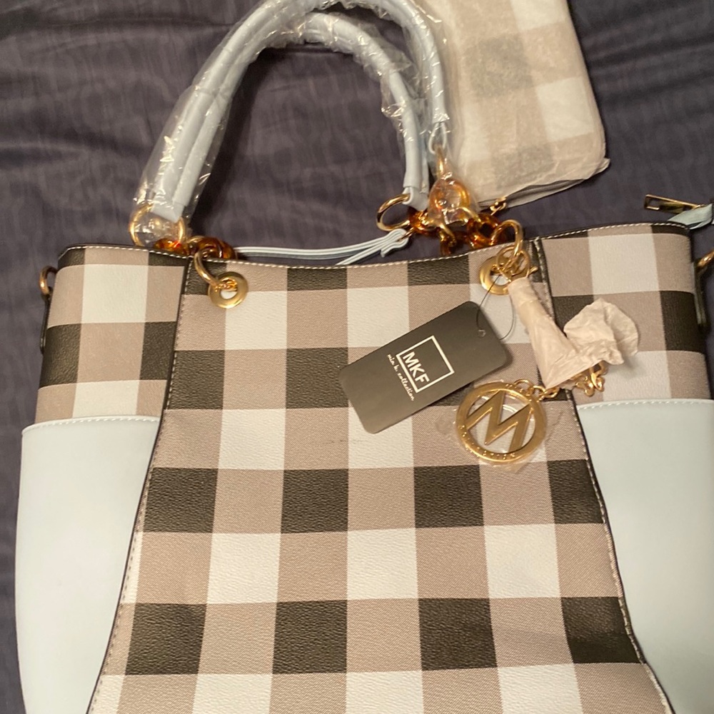 light blue plaid w matching wristlet adjustable straps tote